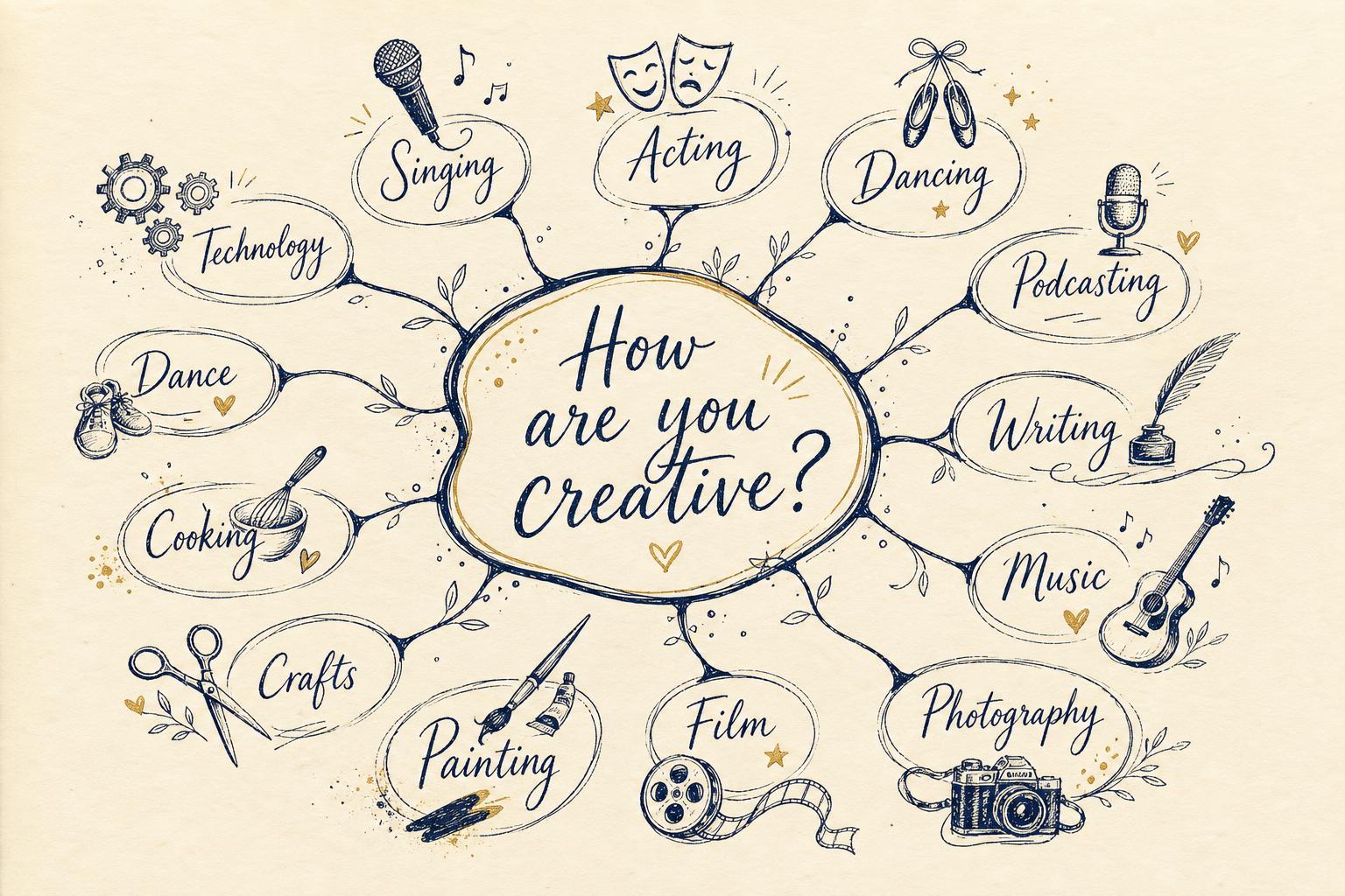 Hand-drawn mindmap of creative crafts: Singing, Acting, Dancing, Podcasting, Writing, Music, Photography, Film, Painting, Crafts, Cooking, Dance, Technology